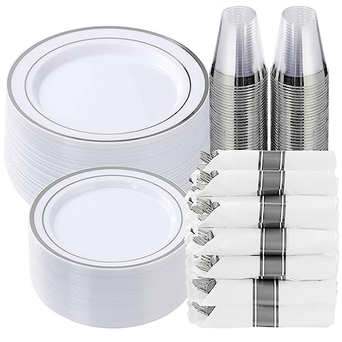 Goodluck 350 Piece Silver Plastic Dinnerware Set for 50 Guests Fancy Disposable Plates for Party Include 50 Dinner Plates 50 Dessert Plates 50 Pre Rolled Napkins with Silver Silverware 50 Cups 0 belly baby and beyond