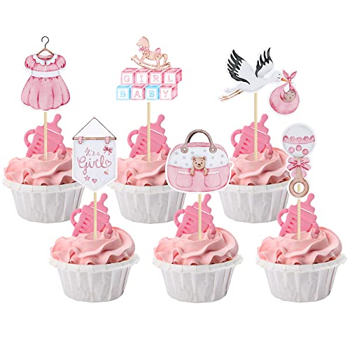 Gyufise 36Pcs Baby Shower Girl Cupcake Toppers Swan Pacifier Cloud Moon Star Baby Girl Cupcake Picks Oh Baby Its a Girl Cake Decorations for Baby Shower Kids Girls Birthday Party Supplies Pink 0 belly baby and beyond
