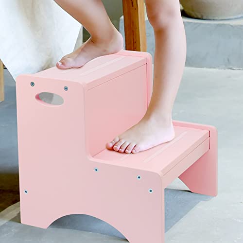 HAJACK Step Stools for Kids Pink Toddler Step Stool Wooden Two Step Stool with Bonus Safety Non Slip Mats and Handle Bathroom Potty Stool Kitchen Step Stool Bedroom Stool for Home Use 0 belly baby and beyond