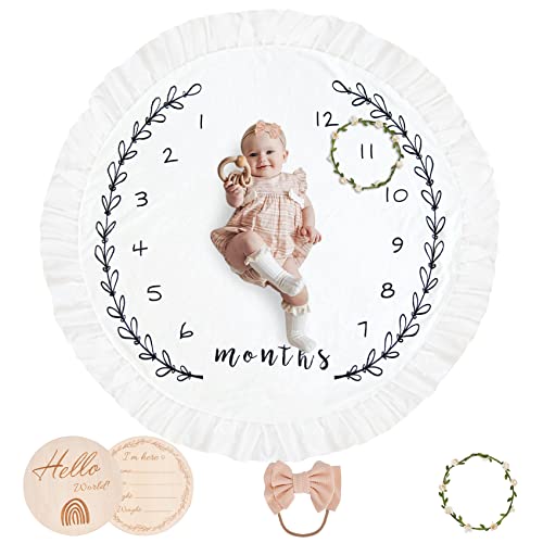 HAN MM Baby Milestone Girl Flowers Monthly Blanket with Double Sided Milestone Cards and Circle Ring Play Mat Large433 X433 Double Sided Pom Pom Ball Thick Flannel Round Rug for Boy Girl 0 belly baby and beyond