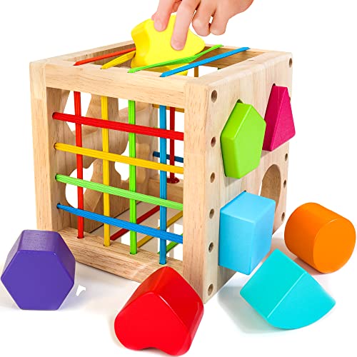 HELLOWOOD Montessori Toys for 1 Year Old Wooden Sorter Cube with 8pcs Rattling Shapes Developmental Learning Toy Gifts for Baby Girls Boys 6 12 18 Months Gift Packaging 0 belly baby and beyond