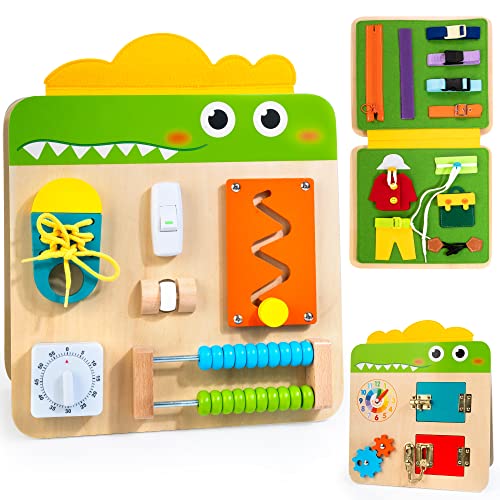 HELLOWOOD Wooden Busy Board for Toddlers 1 3 2 4 Montessori Learning Toy with 19 Eductional Activities Sensory Activity Board to Develop Fine Life Motor Skills Gift for Boy Girl 0 belly baby and beyond