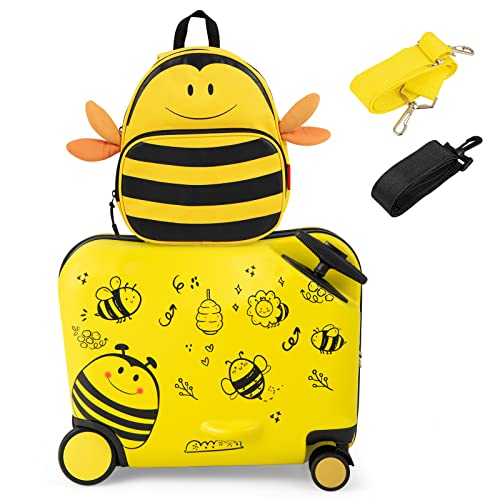 HONEY JOY Ride on Suitcase for Kids 12 Bee Themed Children Travel Backpack 18 Hardside Carry on Luggage Anti Lost Adjustable Strap 2 Pcs Kids Luggage with Wheels for Girls Boys Yellow 0 belly baby and beyond