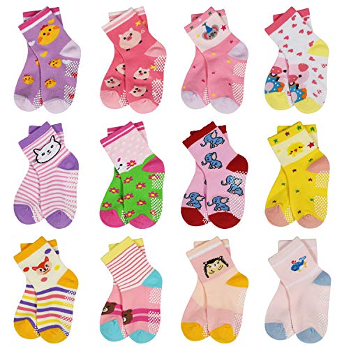 HYCLES Toddler Socks With Grip Non Skid 12 Pairs Baby Kids Sticky Slipper Cotton Crew Socks 1 33 55 7T ChildrenBoyGirl 0 2 belly baby and beyond