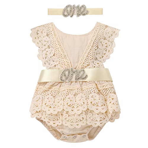 IMEKIS Newborn Baby 1st Birthday Photograph Props Outfit Cake Smash Boho Lace Romper Dress Headband Sash Belt Set 0 belly baby and beyond