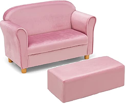 INFANS Kids Sofa with Footstool 2 Seat Toddler Upholstered Couch Children Armrest Chair Lounge for Bedroom Nursery Kindergarten Kids Room Boys Girls Sturdy Wood Construction Velvet Surface Pink 0 belly baby and beyond
