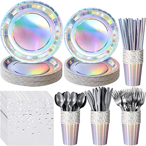 Iridescent Party Supplies Decorations Holographic Plastic Plates and Napkins Set Disposable Iridescent Paper Plates Cups Knives Spoons Fork Straw for Unicorn Mermaid Birthday Wedding Party Serve 25 0 belly baby and beyond