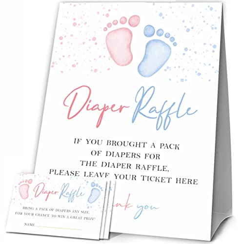 JCVUK Baby Shower Games 1 Diaper Raffle Standing Sign with 50 Diaper Raffle Tickets Baby Footprints Theme Gender Reveal Party Decorations and Supplies For Boys or GirlsLBLK A03 0 belly baby and beyond