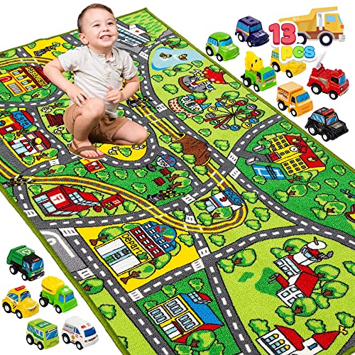 JOYIN Carpet Playmat w 12 Cars Pull Back Vehicle Set for Kids Age 3 Jumbo Play Room Rug City Pretend Play 0 belly baby and beyond