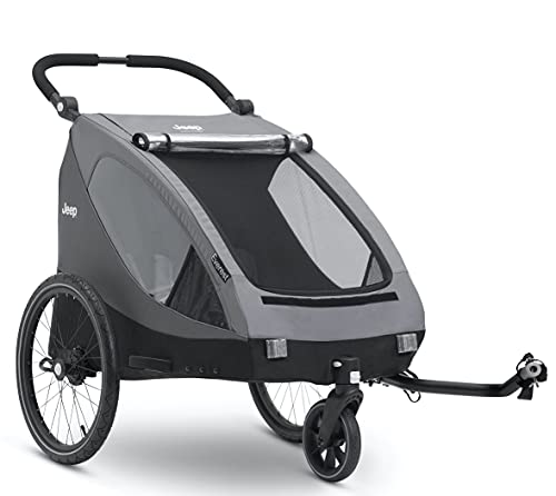 Jeep Everest 2 in 1 Child Bike Trailer and Stroller for 2 Kids by Delta Children 2 Seater Lightweight Multisport Trailer with Converts to Jogging Stroller Compact Fold for Travel and Storage Grey 0 belly baby and beyond