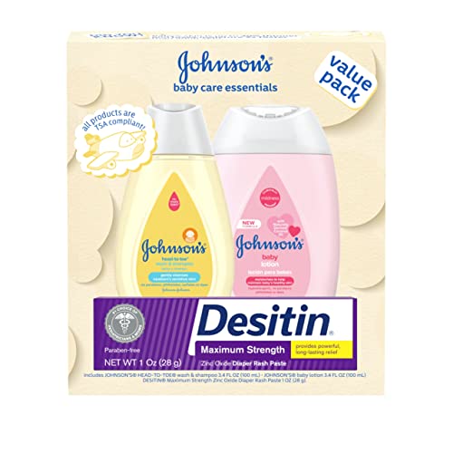 Johnsons Baby Care Essentials Gift Set Baby Skincare Set with Body Wash Shampoo Body Lotion Zinc Oxide Diaper Rash Paste for Babys Delicate Skin Value Pack Travel Size 3 items 0 belly baby and beyond