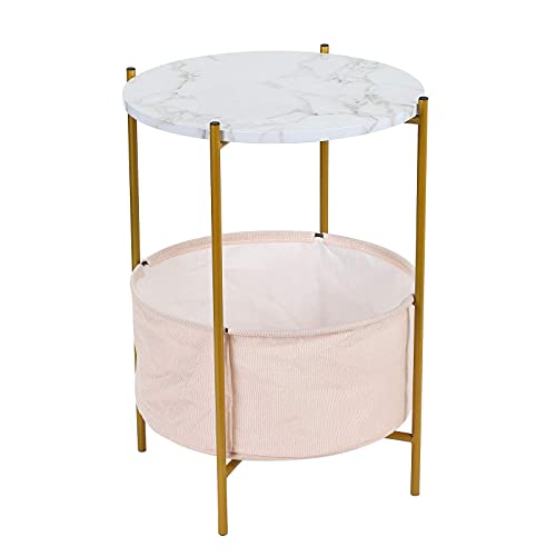 KSWIN Round Storage Side Table 2 Tier End Table with Fabric Basket Gold Metal Frame 16 Faux Marble Top Nightstand Bedside Tables for Nursery Kids Living Room Bedroom White 0 belly baby and beyond