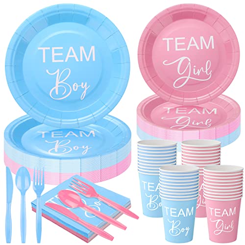 Karenhi 24 Pack Boy or Girl Gender Reveal Party Supplies Disposable Paper Plates 9 oz Cups Napkins Pink Blue Plastic Cutlery Set Knives Forks Spoons for Birthday Baby Shower Gender Reveal Decorations 0 belly baby and beyond