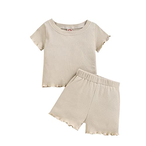 Kupretty 2Pcs Toddlers Baby Girls Summer Clothes Set Ruffle Ribbed Knit Short Sleeves T Shirt Tops Shorts Comfy Outfits 0 belly baby and beyond