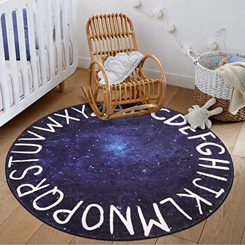 LIVEBOX Space Round ABC Rug for Kids PlayroomAlphabet Nursery Rug Crawling Play Mat for Children BedroomGalaxy Washable Rug Learning Carpet for Baby Toddlers Room 47Star Blue 0 belly baby and beyond