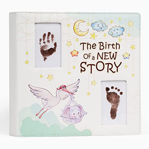 Leather Bound Baby Memory Book Baby Scrapbook Album with Baby Footprint Ink Pads and Milestone Stickers Baby Book Memory Keepsake Journal for Newborn Boys Girls 0 belly baby and beyond