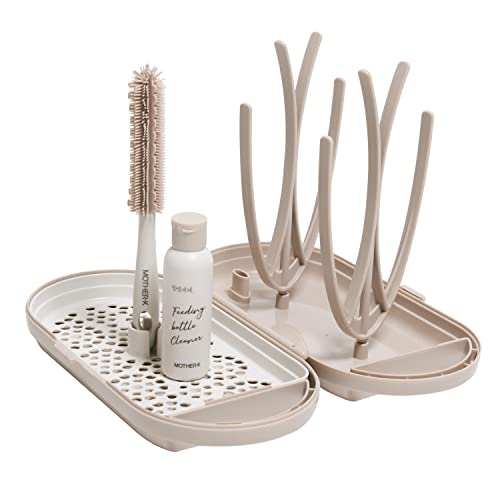 MOTHER K Travel Baby Bottle Drying Rack Set Including Bottle Brush and Travel Bottle for Working Mom or Camping with Baby Cream Mocha 0 belly baby and beyond