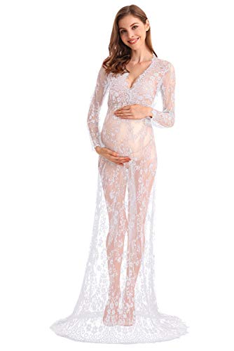 MYRISAM Boudoir Maternity Long Sleeve Lace Dress Women Deep V Neck Wedding Party Long Dress Milk Bath Photoshoot Gown 0 belly baby and beyond