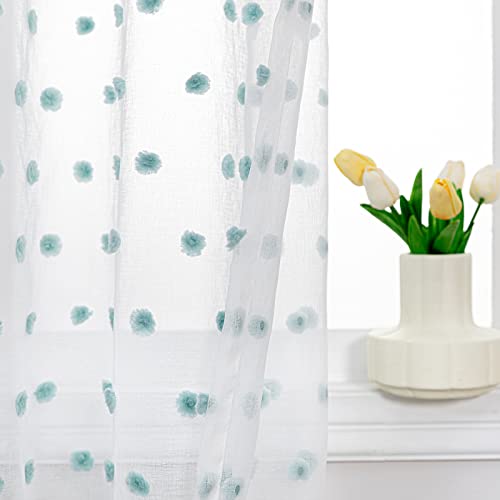 MYSKY HOME Teal Curtains for Living Room Light Filtering Pom Pom 84 Inch Long Bedroom Curtains for Boys Teens Playroom Rod Pocket Bohemian Voile Window Drapes Aqua 52 x 84 in 2 Panels 0 belly baby and beyond