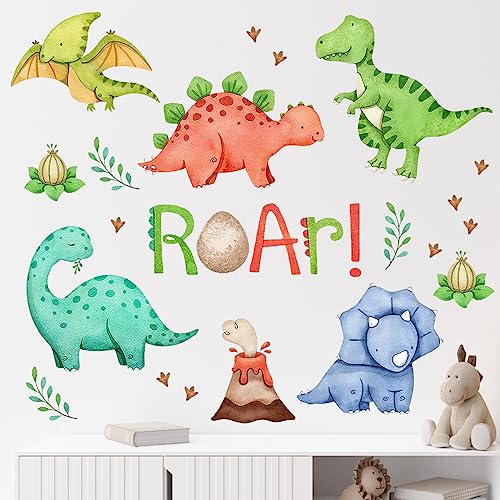 Mfault Watercolor Dinosaur Roar Wall Decals Stickers Peel Stick Dino Stegosaurus Volcano Nursery Decorations Baby Boys Girls Bedroom Playroom Art Neutral Tyrannosaurus Rex Kids Classroom Room Decor 0 belly baby and beyond