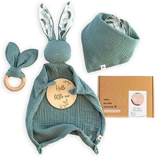 Mikito Organic Cotton Newborn Gifts Box Baby Gifts Unisex incl Muslin Baby Lovey Comforter Baby Bandana Bib Drool Wooden Baby Teether Birth Announcement Sign Baby Gift Set Loveys for Babies 0 belly baby and beyond