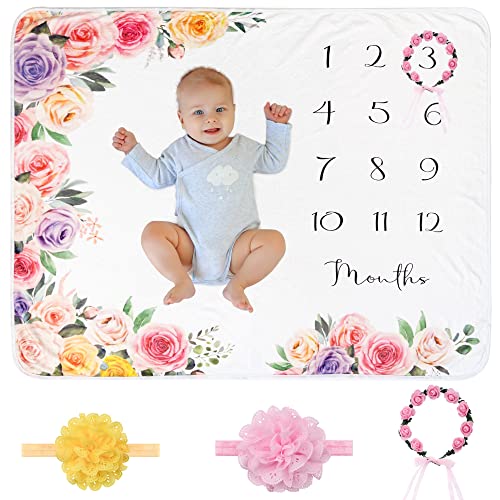 Milestone Blanket for Baby Girl Newborn with Headband Monthly Blanket with Floral Wreath Frame Photography Background Push Gift for Mommy Friend Baby Milestone Month Blanket Large 51 x40 0 belly baby and beyond
