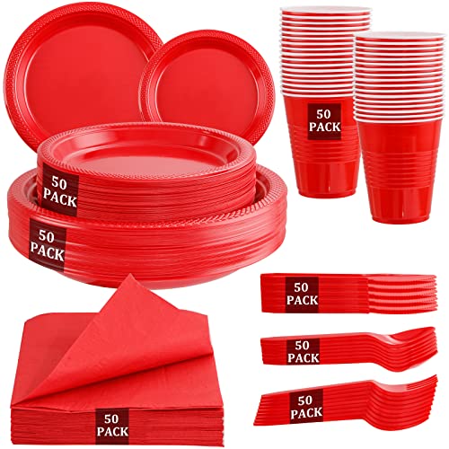 MirthMood 350PCS Red Disposable Plastic Plates Includes 50 Dinner Plates 50 Salad Plates 50 Sets of Red Silverware 50 Red Napkins and 50Pcs 12OZ Plastic Cups Ideal for GraduationBarbecueWedding 0 belly baby and beyond