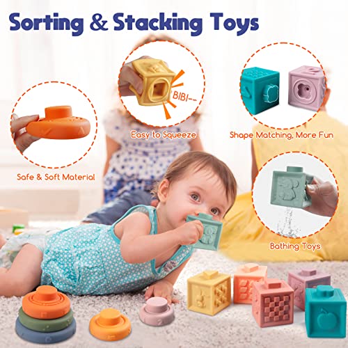 Montessori Baby Toys for Ages 6 18 Months Pull String Teether Stacking Blocks Sensory Shapes Colorful Storage Bin Infant Bath Time Fun 4 in 1 Toddlers Toy Gifts for 1 2 3 Year Old Boys Girls 0 2 belly baby and beyond