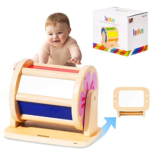 Montessori Toys for Babies 6 12 Months Rainbow Wooden Spinning Drum Toys Baby Sensory Toys for 1 Year Old Baby Infant Tummy Time Toys with Mirror 0 belly baby and beyond