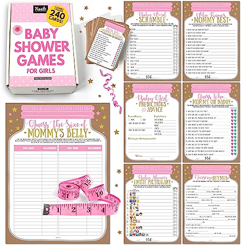 Neatz Baby Shower Games For Girl 240 Cards Huge Set 7 Games For 40 Guests Pink Mason Jar Design to Match Your Baby Shower Decorations For Girl Hilarious Baby Shower Games Babyshower Games 0 belly baby and beyond