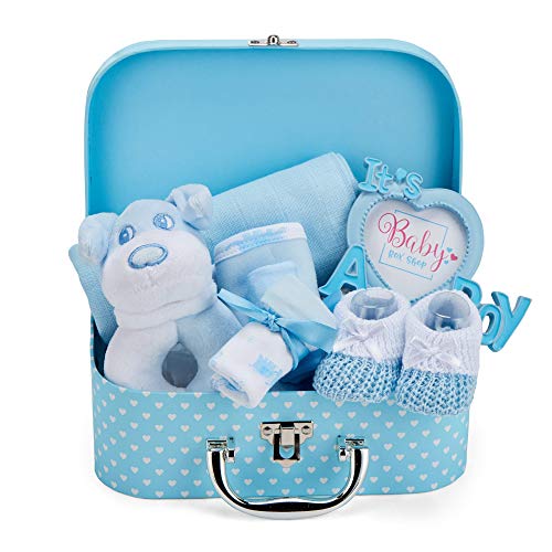 New Baby Gift Set for Newborn Boy Blue Keepsake Box with Rattle Photo Frame Muslin Cloth Bib Mitts and Hat Welcome Baby Gift for Parents 0 belly baby and beyond