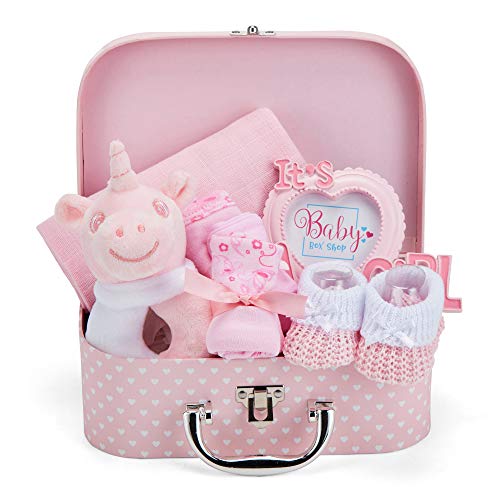 New Baby Gift Set for Newborn Girl Pink Keepsake Box with Rattle Photo Frame Muslin Cloth Bib Mitts and Hat New Baby Gift Basket for Parents Unique Shower Gift for Girls 0 belly baby and beyond