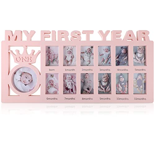 Newborn Baby Picture Frame My First Year Frame Baby Photo Frame 12 Month Baby Keepsake Frames Monthly Milestone Desktop Picture Frame for Photo Memories Baby 1st Birthday Mothers Day Gift Pink 0 belly baby and beyond