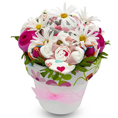 Nikkis Gift Baskets Baby Clothing Flower Bouquet New Baby Girl Gift Basket with Baby Clothing Arranged Like Celebration Flowers Creative Unique Baby Gift 0 belly baby and beyond
