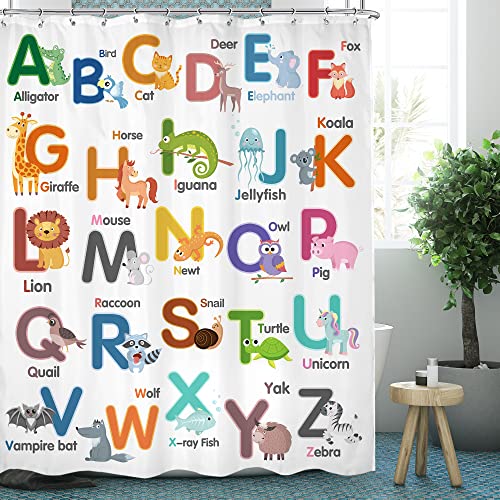 Omifly ABC Learning Alphabet Shower Curtain 60Wx72H Inch Nursery Baby Kids Boy Child Children Educational Funny Animals Teaching Words with 12 Plastic Hooks Fabric Waterproof Toilet Accessories Decor 0 belly baby and beyond