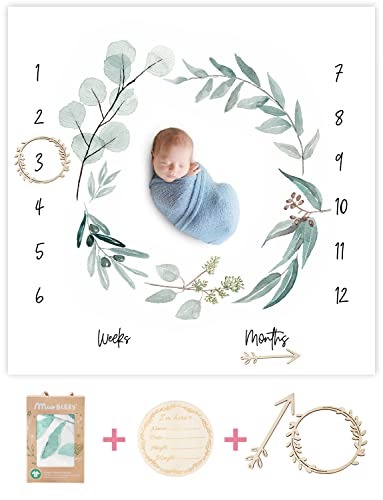 Organic Baby Monthly Milestone Blanket Newborn Boy Girl Unisex Gender Neutral Green Leaf Wreath Eucalyptus Baby Nursery Month Picture Blanket Growth Photography Background PropBirth Announcement 0 belly baby and beyond