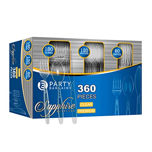 Party Bargains Disposable Cutlery set SAPPHIRE Design Clear Color 360 Pieces 180 Forks 120 Spoons 60 Knives 0 belly baby and beyond