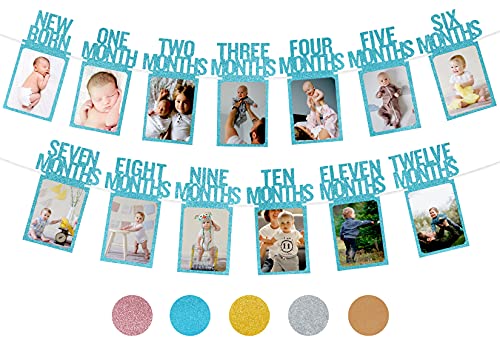 PartyHooman 1st Birthday Photo Banner for Baby from Newborn to 12 Months First Birthday Decorations for Boys Monthly Milestones Garland First Birthday Photo Banner Pre strung with Frame Blue 0 belly baby and beyond