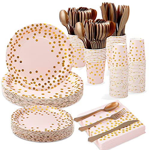 Pink and Gold Party Supplies 350 PCS Disposable Dinnerware Set Pink Paper Plates Napkins Cups Gold Plastic Forks Knives Spoon for Graduation Birthday Cocktail Party 0 belly baby and beyond