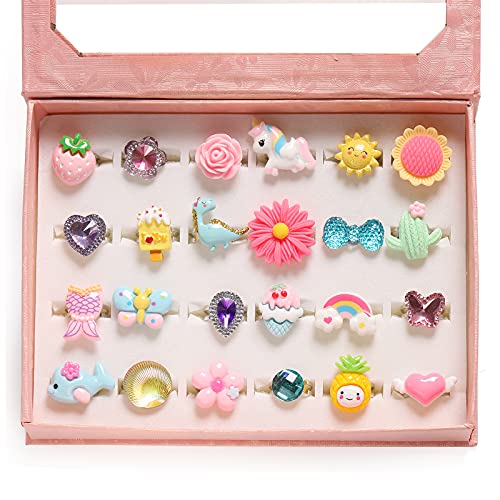 PinkSheep Little Girl Jewel Rings in Box Adjustable No Duplication Girl Pretend Play and Dress Up Rings 24 Lovely Ring 0 belly baby and beyond