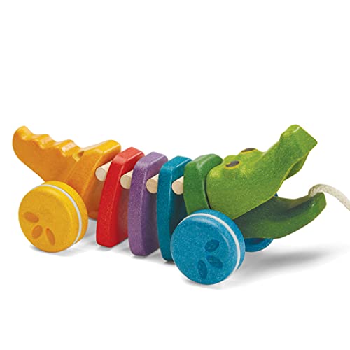 PlanToys Dancing Alligator Push Pull Toy Sustainably Made from Rubberwood with 3 Organic Pigment Color Options and Makes Click Clack Sounds and Dancing Movements When Pulled Rainbow 0 belly baby and beyond