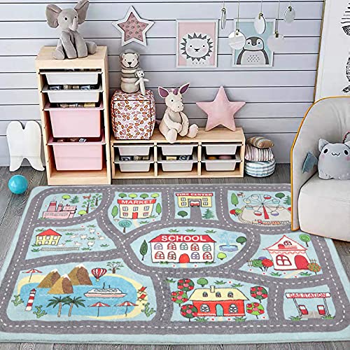Playroom Rug Play Carpet 4 x 6 Blue Large Educational Childrens Play Mat Learning Have Fun Safely Non Slip Washable Road Traffic Floor Area Carpet Great for Kids Room Bedroom 0 belly baby and beyond