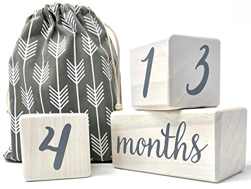 Pondering Pine Baby Milestone Blocks Natural White Stain Pine Wood with Weeks Months Years Grade Milestones Age Block Set with Bag Newborn Weekly Monthly First Year Picture Props Earth Friendly 0 belly baby and beyond