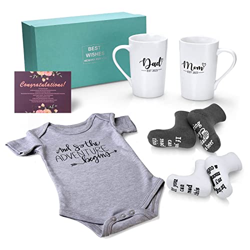 Pregnancy Gifts for First Time Moms New Mom Gifts for Women Mom and Dad Est 2023 14 oz Mug Set with Onesie and Baby Socks Top New Parents Gifts for Couples Gift for Gender Reveal Baby Shower 0 belly baby and beyond