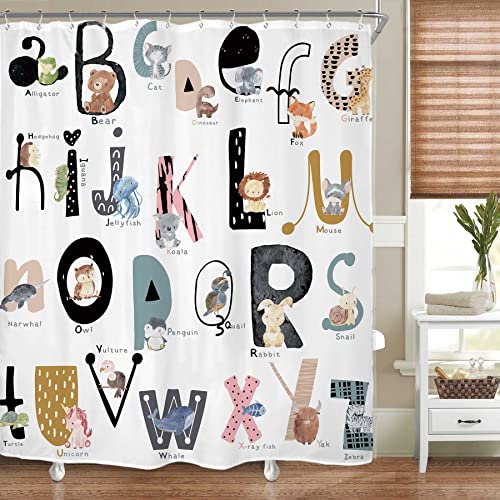 Riyidecor ABC Learning Alphabet Shower Curtain for Bathroom Decor 60Wx72H Educational Study Tool Boys Baby Children Funny Large A to Z Art Printed Fabric Polyester Waterproof 12 Pack Plastic Hooks 0 belly baby and beyond