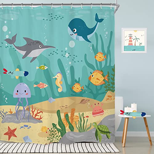 Riyidecor Fish Underwater Kids Shower Curtain Bathroom Accessories 72Wx72H Inch Shark Whale Ocean Sea Cartoon Baby Animal Child for Boy Girls Fabric Bathroom Decor 12 Pack Plastic Hooks 0 belly baby and beyond
