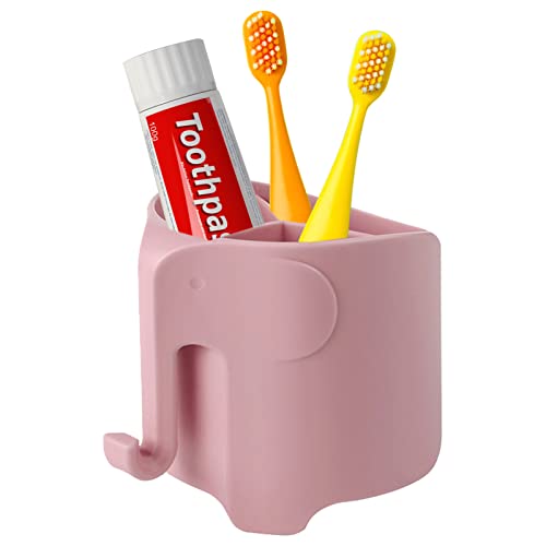 RyanLemon Elephant Toothbrush Holder for Kids Suction Cup Electric Toothbrush and Toothpaste Holder for Toddler Easy Clean 3 Slots with Hanging Towels or Bath Ball for Bathroom VanitySinkPink 0 belly baby and beyond