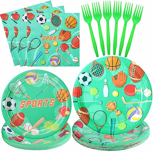 SCIONE 96 Pcs Sports Birthday Party Decorations Sports themed Birthday Party Supplies Dessert Plates Napkins Forks Printed Football Basketball Baseball Soccer Tennis for 24 Guests 0 belly baby and beyond