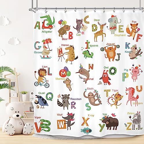 SVBright Kid ABC Alphabet Shower Curtain 60Wx72L Inch Cute Cartoon Educational Learning Animal Zebra Unicorn for Baby Boy Girl 12 Pack Hooks Polyester Waterproof Fabric Bathroom Bathtub Panels 0 belly baby and beyond
