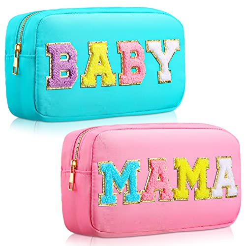 Sanwuta 2 Pieces Nylon Cosmetic Bag Chenille Letter Makeup Bag Baby and Mama Pouch Zipper Baby Travel Toiletries Pouch Preppy Patch Cosmetic Travel Toiletry Bag for Women and Girls Pink Blue 0 belly baby and beyond